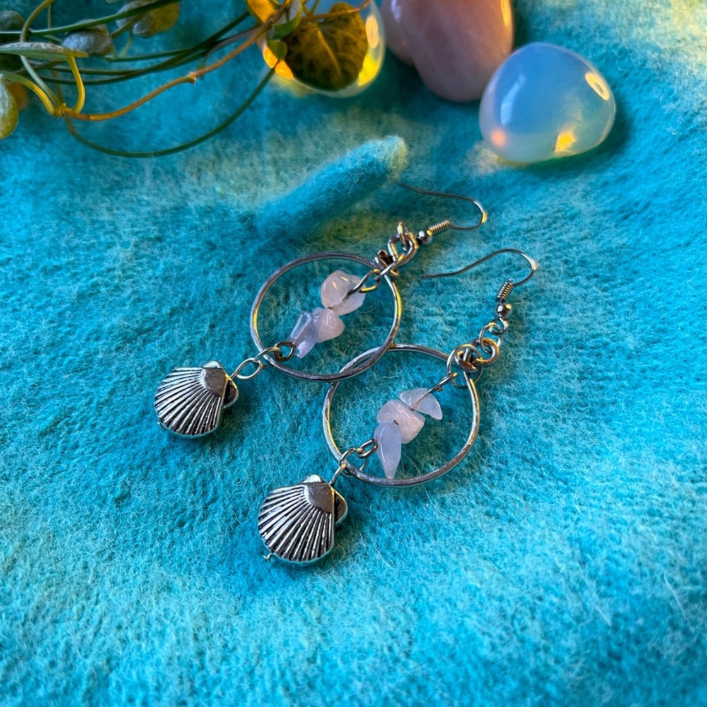 Handmade crystal chip hoop earrings. Rose quartz with silver plated seashells.